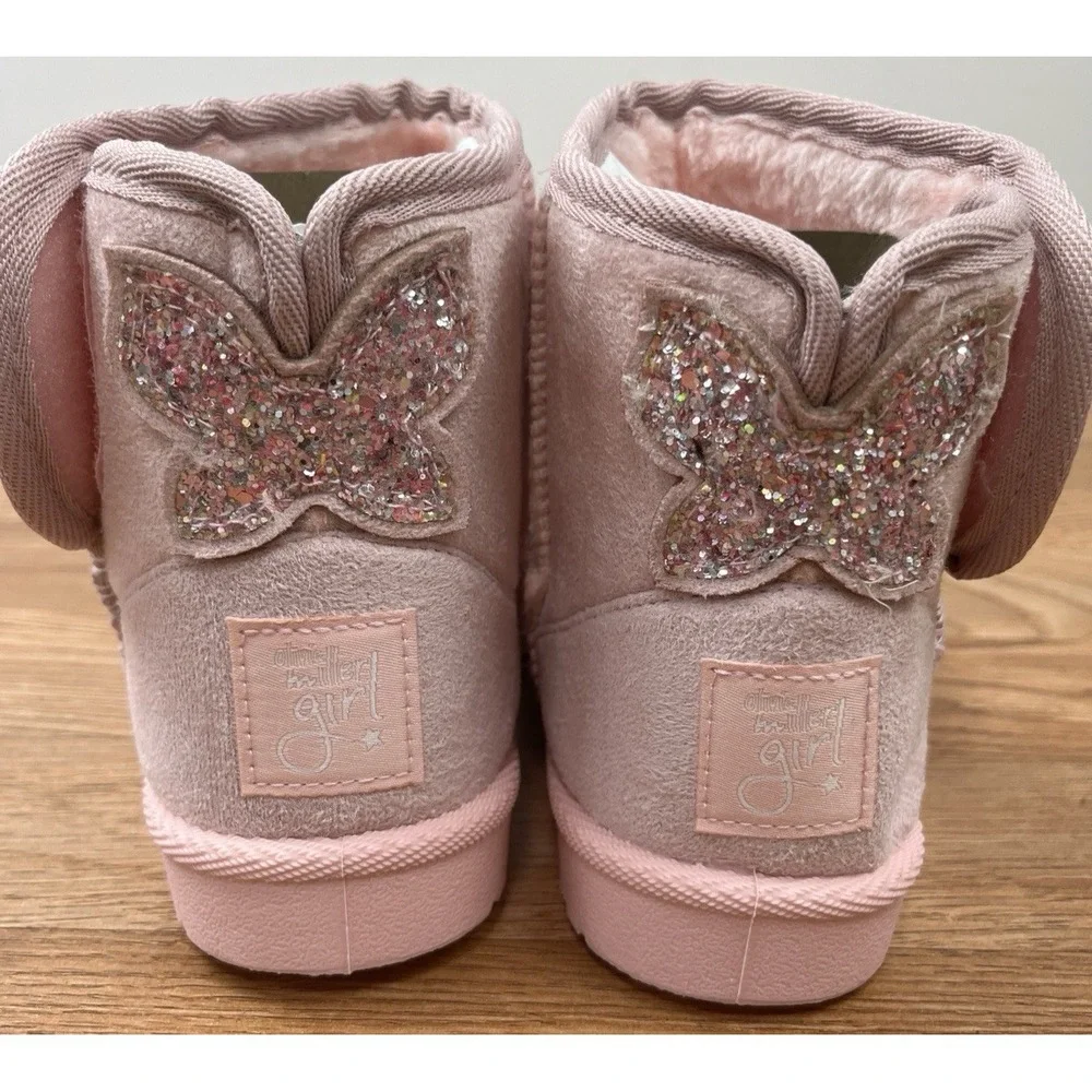 Olivia Miller Sparkle Butterfly Boots Pink, Big Girls Size 1 Faux Shearling NEW